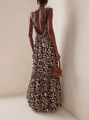 Fashionable Design Printed Backless Holiday Style Suspender Maxi Dress