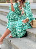 Fashionable And Casual V-Neck Colorblock Print Maxi Dress