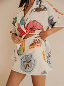 Classic Casual Linen Floral Print Shirt And Mini Skirt Set