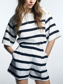 Classic Unique Stripe Print Pleated Button Top High Waist Pocket Shorts Set