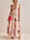 Retro Terez Linen Floral Print Halter Backless Tie-Up Maxi Dress