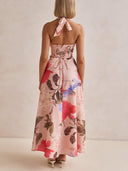Retro Terez Linen Floral Print Halter Backless Tie-Up Maxi Dress