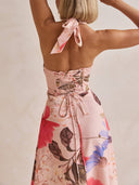 Retro Terez Linen Floral Print Halter Backless Tie-Up Maxi Dress
