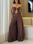Fashion Stellah Golden Details Front Slit Midi Tube Top and Elastic Waist Wide Leg Pants Set