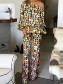 Elegant And Unique Large Polka Dot Printed Off-Shoulder Tops Elastic Pockets Straight Pants Suits