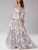 Elegant And Fashionable Off-Shoulder Printed Organza Evening Gown Maxi Dress