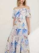Elegant Off-Shoulder Printed Organza Fairy Evening Gown Maxi Dress