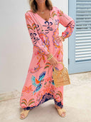 Unique Parrot Print Drop Shoulder Sleeve Maxi Dress