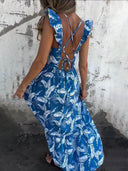 Elegant Hollow Tie Feather Print Ruffle Sleeve Maxi Dress