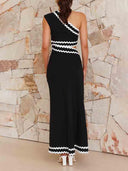 Elegant Slant Neck Lace-Pattern Midi Dress