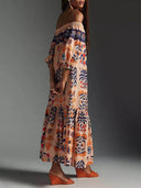 Retro Island Lover Printed Off The Shoulder Pocketed Flowy Midi Dress
