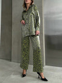 Unique Leopard Print Long-sleeved Top and Loose Elastic Waist Tie Pants Set