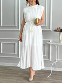 Elegant Pleated Half-High Collar Tie Midi Dress