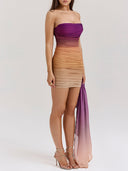 Tube Top Ruched Gradient Print Dropped Panel Strapless Stretch Mini Dress