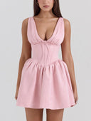 Elegant Satin Bow V Neck Mini Dress