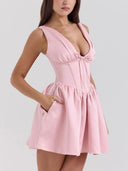 Elegant Satin Bow V Neck Mini Dress
