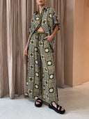 Unique Pattern Print Elastic Waist Pocket Wide Leg Pants