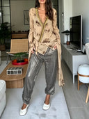 Casual Tie-Dye Chiffon Wrap Top & Metallic Harem Pants Two-Piece Set
