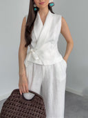 Casual Sleeveless Wrap Vest Top & High-Waist Wide-Leg Pants Two-Piece Set