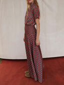 Retro Print Scarf Neck Top & Flowing Maxi Skirt Two-Piece Set