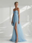 Elegant Strapless Pleated Tulle Maxi Dress