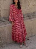 Retro Geometric Print Tiered Bohemian Beach Maxi Dress