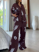 Exquisite Tropical Leaf Print Shirt & Pants Two-Piece Set