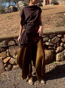 Elegant Asymmetrical Drape Top & Printed Wide-Leg Pants Two-Piece Set