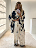 Exquisite Satin Print Loose Batwing Sleeve Open-Front Shirt