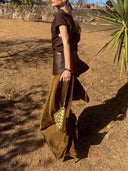 Elegant Asymmetrical Drape Top & Printed Wide-Leg Pants Two-Piece Set