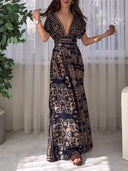 Elegant Deep V-neck Bohemian Print Maxi Dress