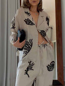 Exquisite Tropical Leaf Print Shirt & Pants Two-Piece Set