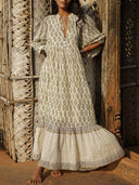Retro Casual Print V-Neck Tiered Flowing Beach Maxi Dress