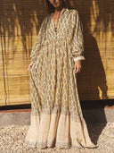 Retro Casual Print V-Neck Tiered Flowing Beach Maxi Dress