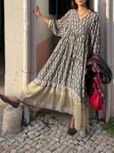 Retro Casual Print V-Neck Tiered Flowing Beach Maxi Dress