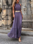 Unique Modern Open Back Honeycomb Straps Gold Trim At The Waist A-Line Maxi Dress