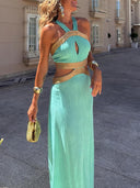 Summer Backless With Gold Trim Bamboo Maxi Dress