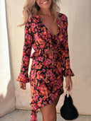 Delicate Tiered Ruffles Black Floral Print Asymmetric Mini Dress