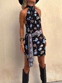 Casual Sexy Printed Halter Backless Belted Mini Dress