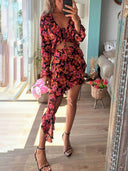 Delicate Tiered Ruffles Black Floral Print Asymmetric Mini Dress