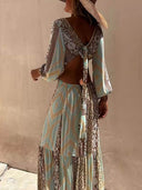 Unique Hollow Print V-Neck Waist-Baring Tie Dress