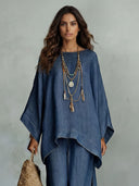 Casual Denim Batwing Asymmetrical Top & Wide Leg Pants Set