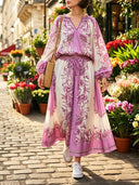 Elegant Retro Ethnic Print Two-Piece Dress