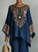 Retro Ethnic Floral Print Batwing Sleeve Shirt & Pants Two-Piece Set