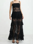 Elegant Spaghetti Strap Tiered Lace Sheer Maxi Dress