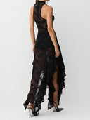 Elegant  Floral Lace High Neck Halter Sleeveless Asymmetric Midi Dress