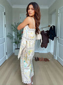 Elegant Lace Trim Printed Cami & Wide-Leg Pants Set