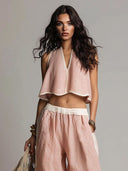 Casual Sleeveless Crop Top & Wide-Leg Pants Two-Piece Set