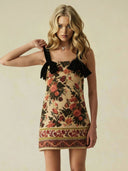 Retro Print Square Neck Bow Strap Mini Dress
