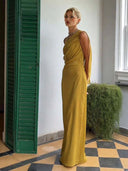 Elegant One-Shoulder Ruched Waist Flowy Maxi Dress